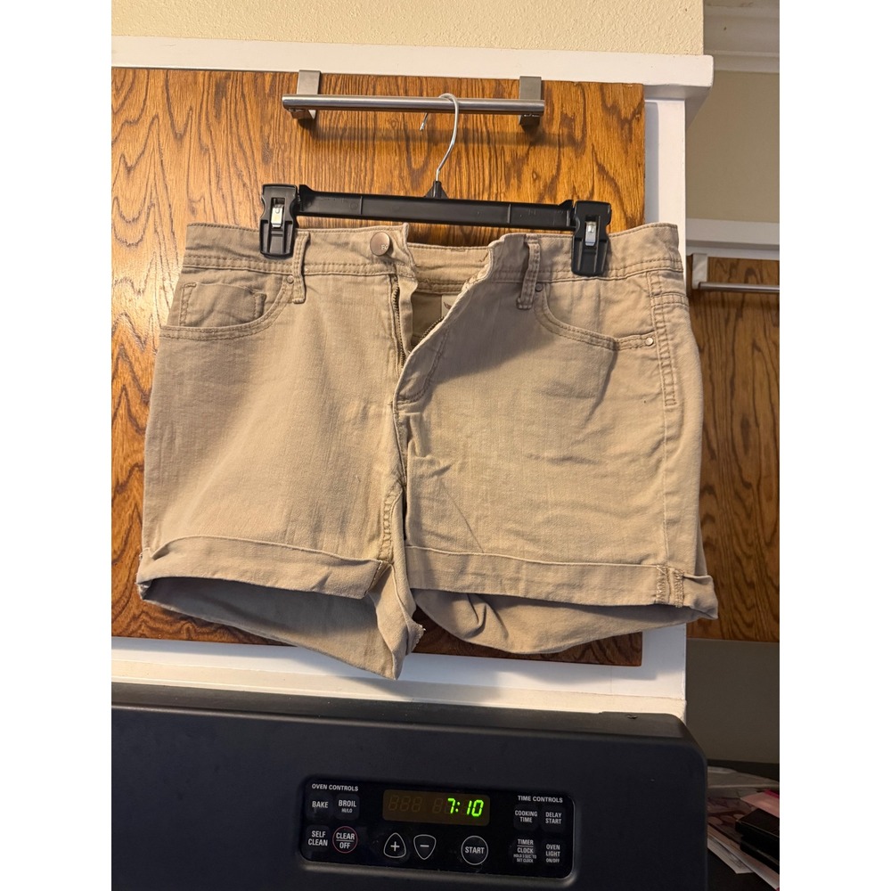 Faded Glory Womens Khaki Denim Cuffed Shorts Tan Size 10 Stretch Cotton Blend
